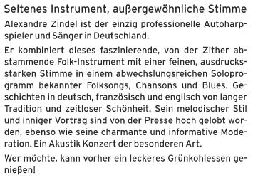 Kultureintopf, Seltenes Instrument, aussergewhnliche Stimme mit Alexandre Zindel